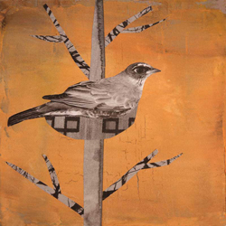 HOLLY ROBERTS - Bird with Nest and Red Sky, collage, photography, painting